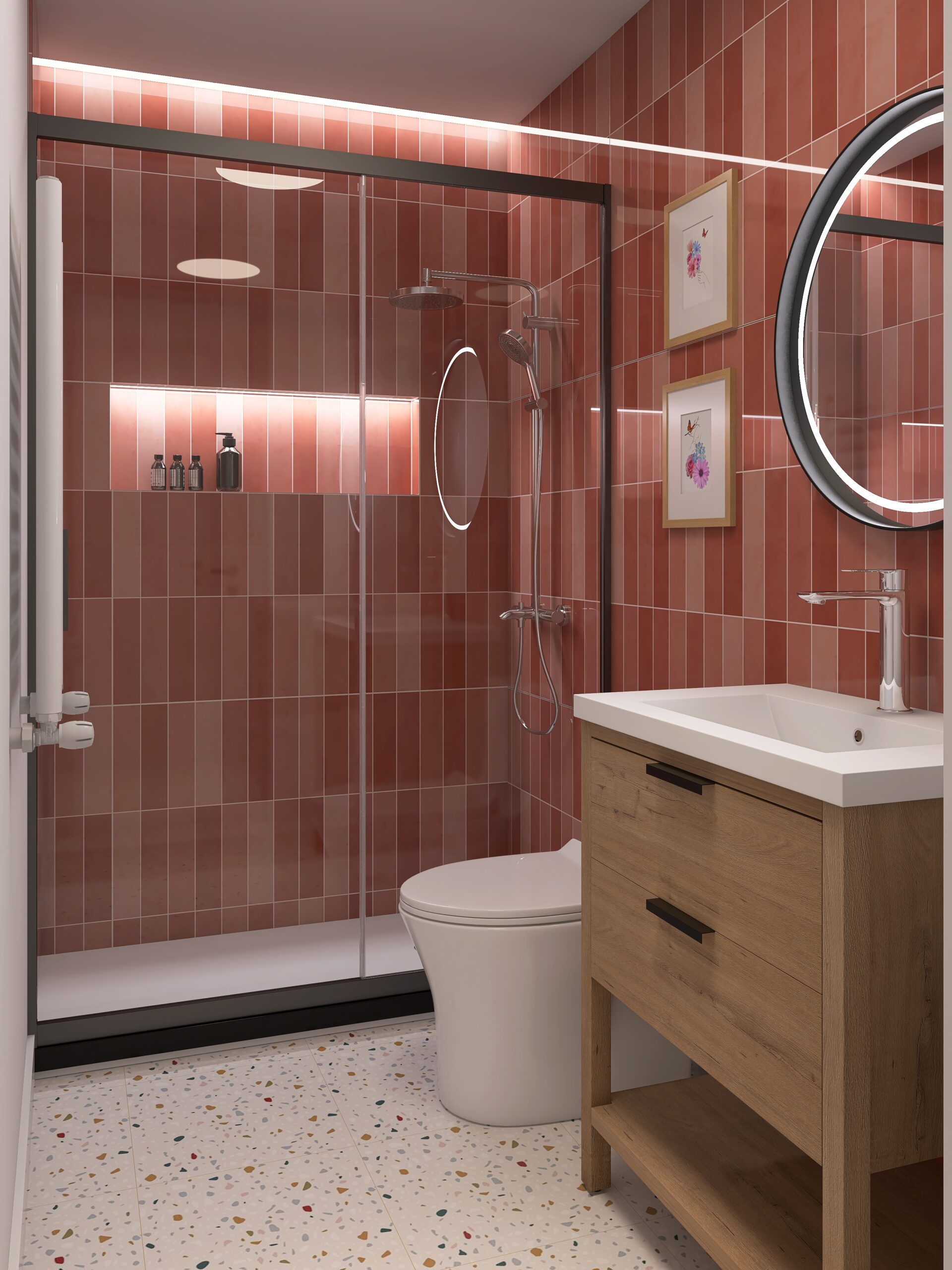 Diseño render baño moderno con azulejo pequeño y de color