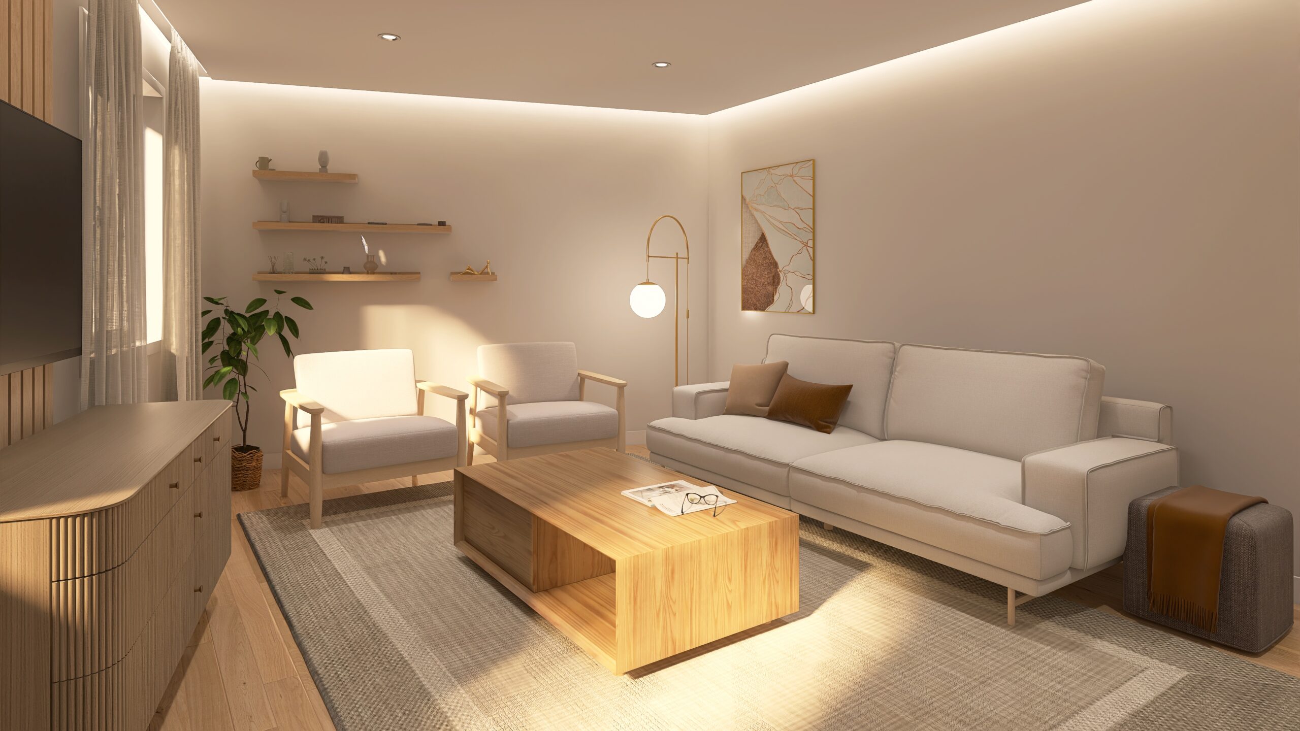 Diseño render salon tonos naturales y madera