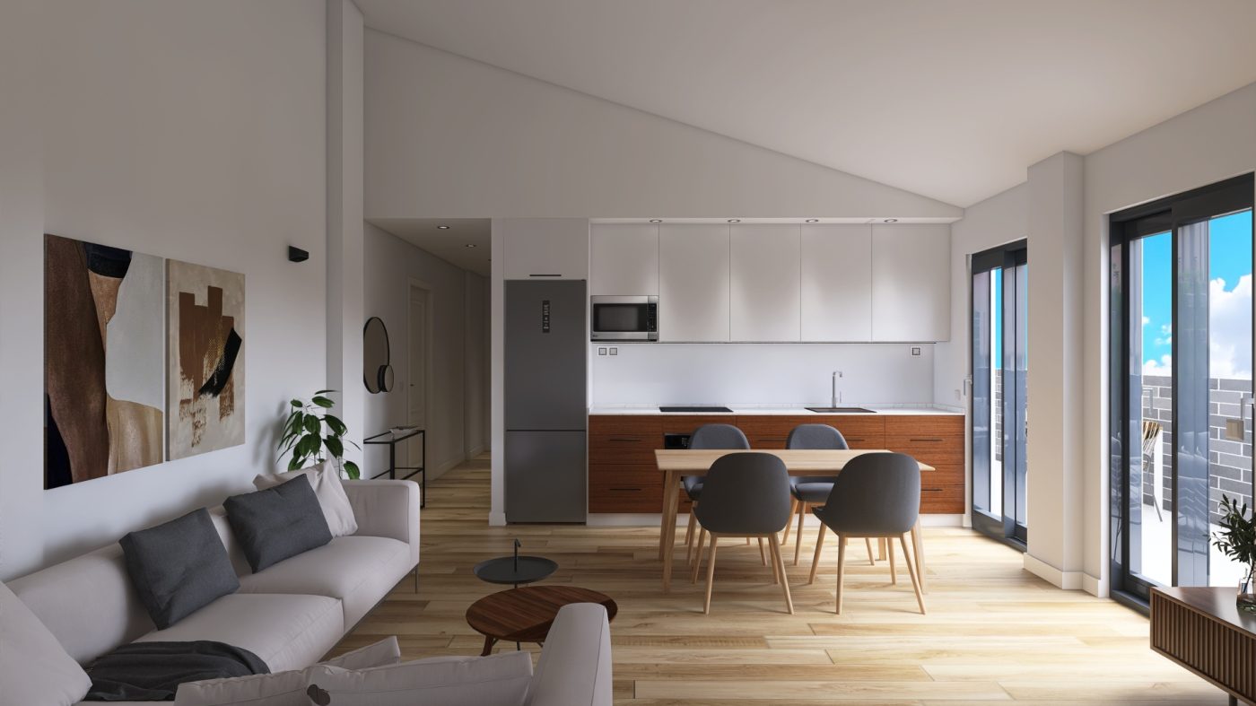 Diseño render atico salón son suelo roble